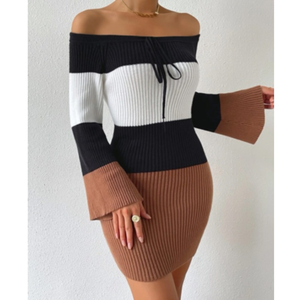 Cozy Off Shoulder Color Block Sweater Dress